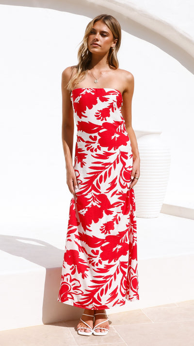 Load image into Gallery viewer, Uzma Strapless Maxi Dress - Red / White Print - Billy J
