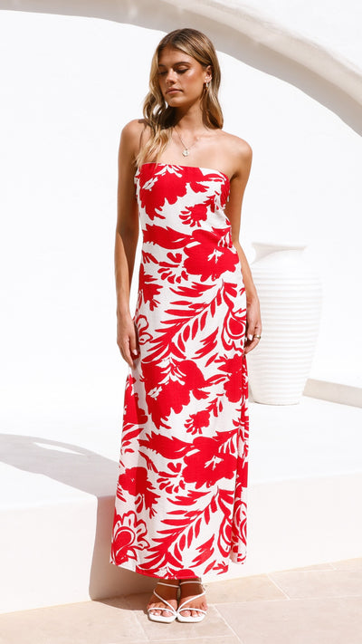 Load image into Gallery viewer, Uzma Strapless Maxi Dress - Red / White Print - Billy J
