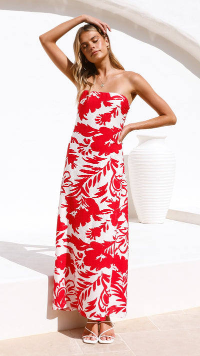 Load image into Gallery viewer, Uzma Strapless Maxi Dress - Red / White Print - Billy J
