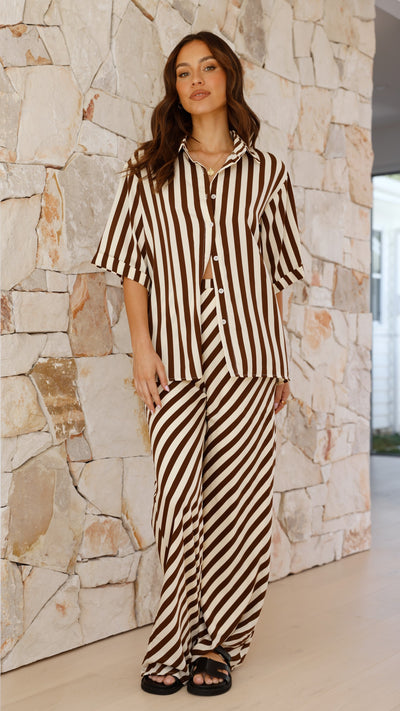 Load image into Gallery viewer, Mabyn Button Up Shirt and Pants Set - Beige / Brown Stripe - Billy J
