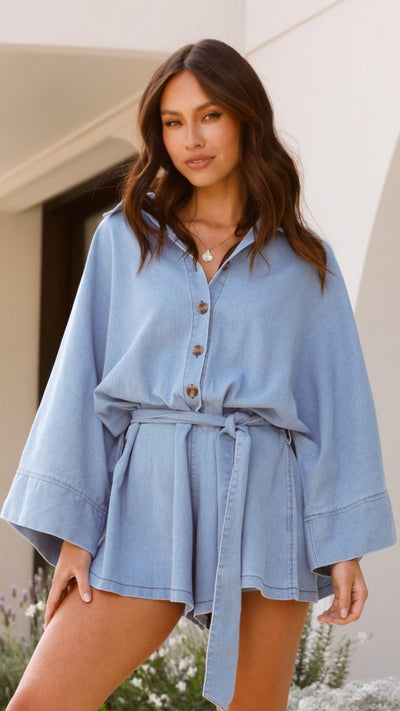 Load image into Gallery viewer, Sophia Playsuit - Mid Blue Denim - Billy J
