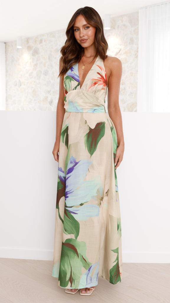 Saffron Maxi Dress - Beige Floral - Billy J