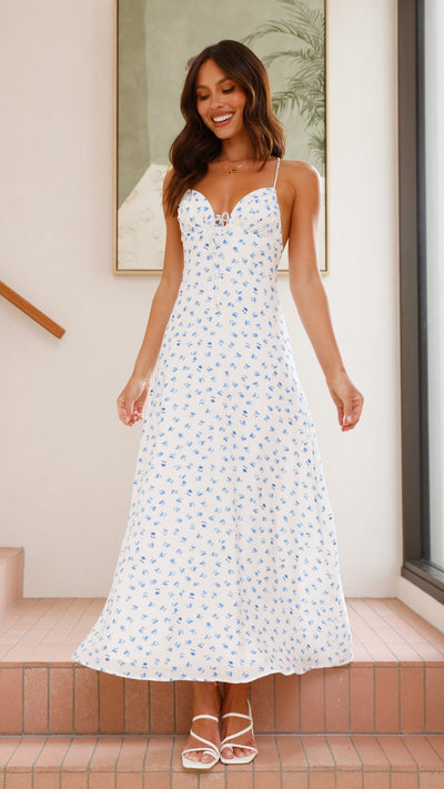 Load image into Gallery viewer, Coco Maxi Dress - White/ Blue Floral - Billy J
