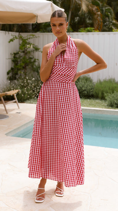 Load image into Gallery viewer, Brydie Halter Maxi Dress - Gingham Red - Billy J
