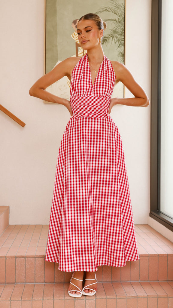 Brydie Halter Maxi Dress - Gingham Red - Billy J