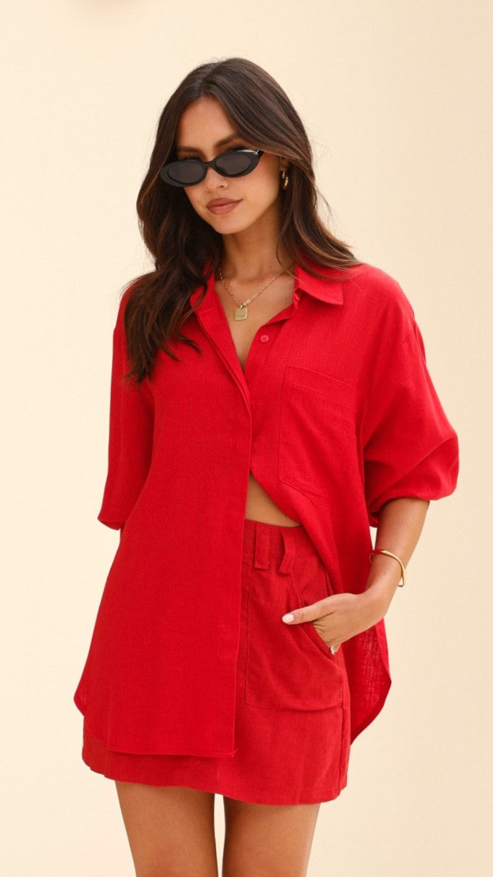 Charla Button Up Top - Red - Billy J