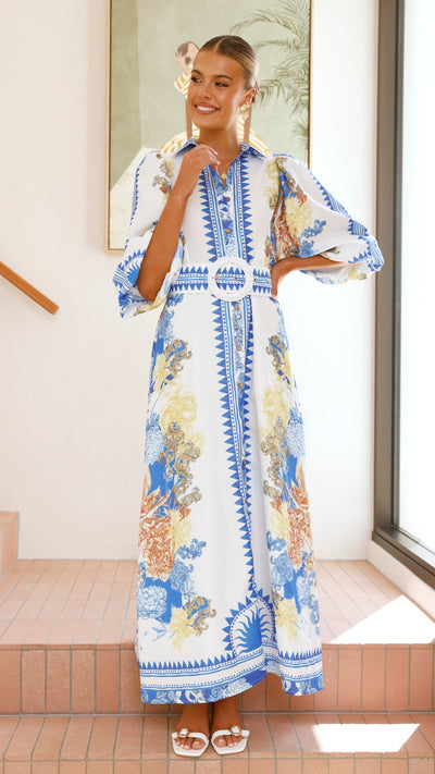 Load image into Gallery viewer, Arana Maxi Dress - Blue/White Print - Billy J
