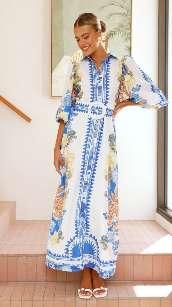 Arana Maxi Dress - Blue/White Print - Billy J