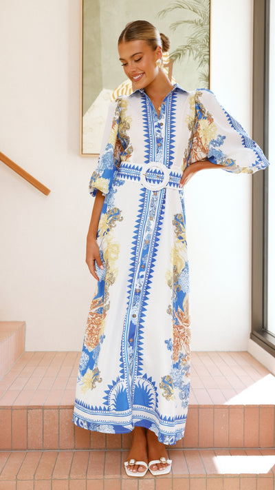 Load image into Gallery viewer, Arana Maxi Dress - Blue/White Print - Billy J
