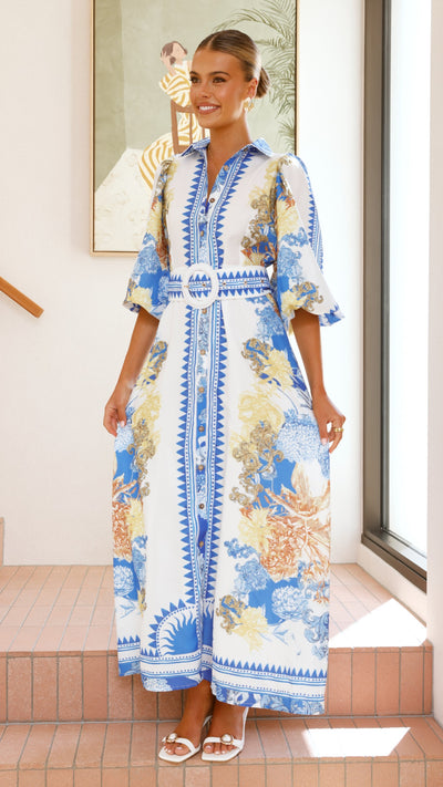 Load image into Gallery viewer, Arana Maxi Dress - Blue/White Print - Billy J
