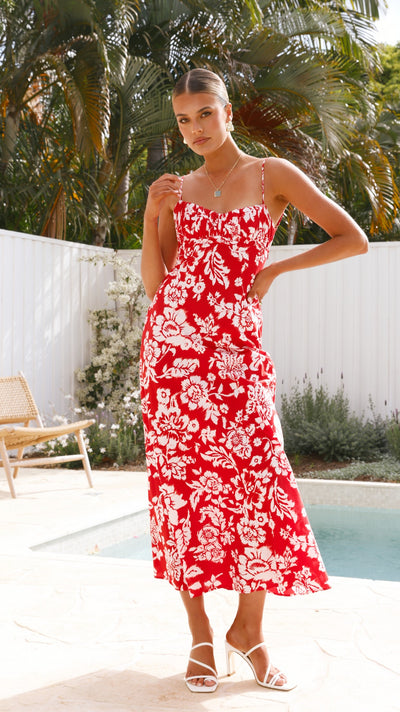 Load image into Gallery viewer, Margie Midi Dress - Red Floral - Billy J
