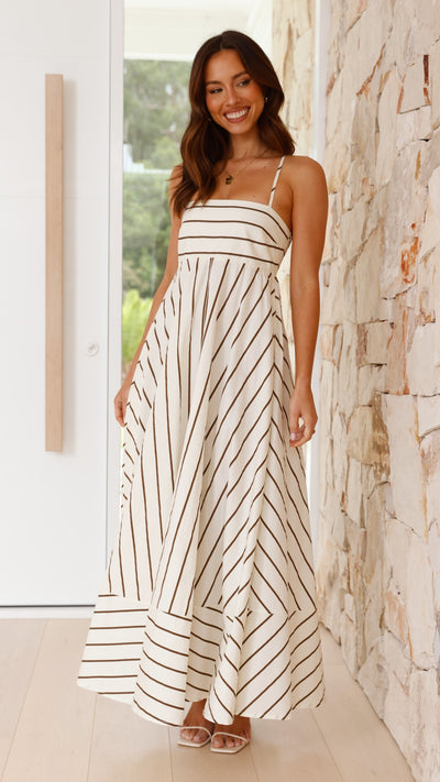 Load image into Gallery viewer, Kaethe Maxi Dress - Beige / Camel Stripe - Billy J
