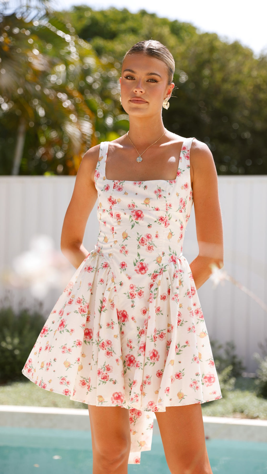 Sakina Bow Mini Dress - White / Pink Floral - Billy J