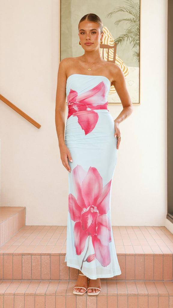 Brittani Strapless Maxi Dress - Blue/Pink - Billy J