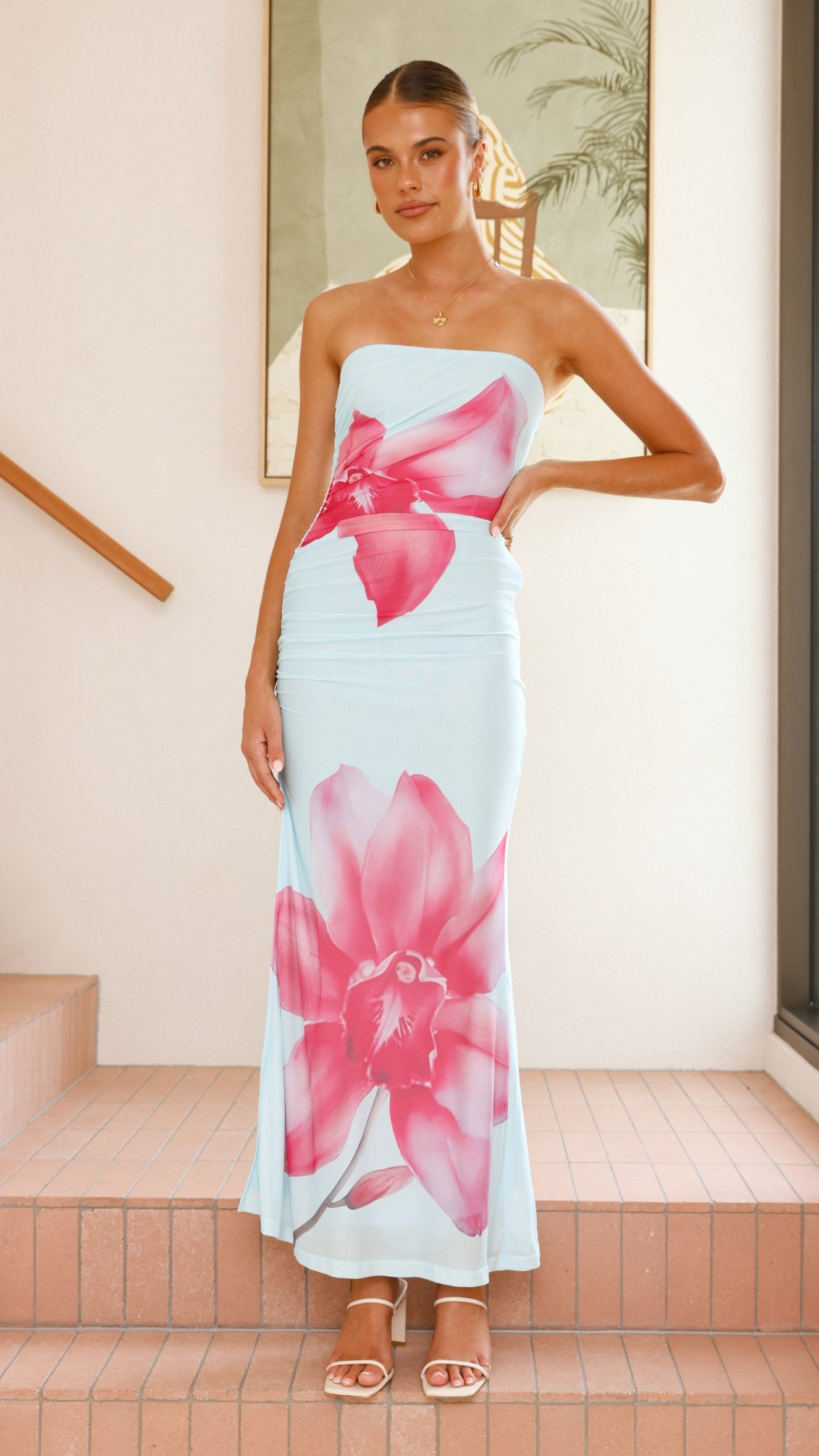 Brittani Strapless Maxi Dress - Blue/Pink - Billy J