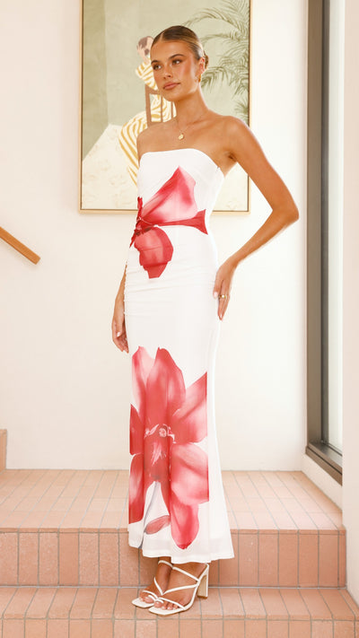 Load image into Gallery viewer, Brittani Strapless Maxi Dress - White/Red - Billy J
