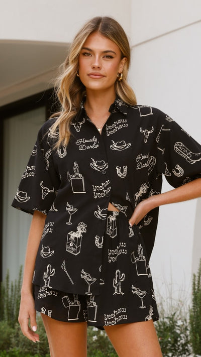 Load image into Gallery viewer, Charli Button Up Shirt and Shorts Set - Black/Beige Cowboy Print - Billy J
