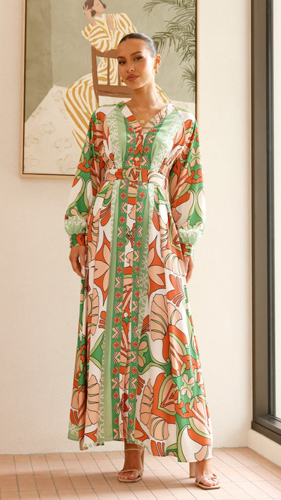 Load image into Gallery viewer, Vance Maxi Dress - Orange/Green Print - Billy J
