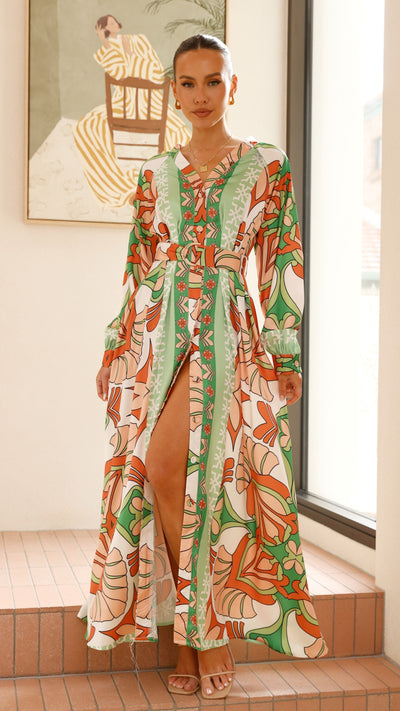 Load image into Gallery viewer, Vance Maxi Dress - Orange/Green Print - Billy J
