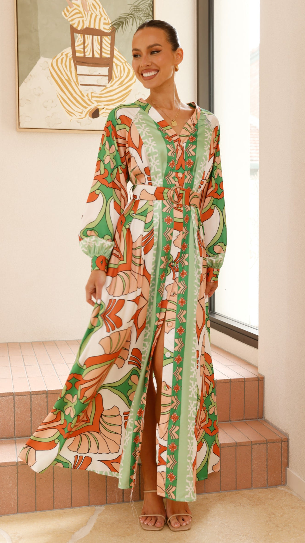 Vance Maxi Dress - Orange/Green Print - Billy J