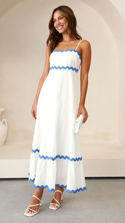 Load image into Gallery viewer, Brodey Midi Dress - White / Blue - Billy J
