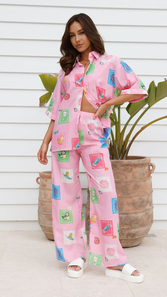 Kourt Button Up Shirt and Pants Set - Pink Stamps Set - Billy J