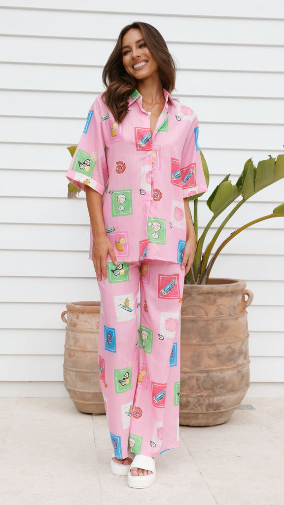 Kourt Button Up Shirt and Pants Set - Pink Stamps Set - Billy J