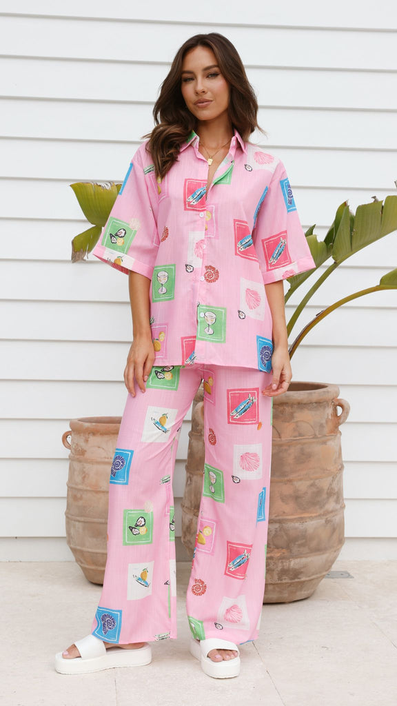 Kourt Button Up Shirt and Pants Set - Pink Stamps Set - Billy J