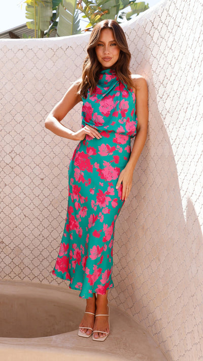 Load image into Gallery viewer, Esther Maxi Dress - Green / Pink Floral - Billy J
