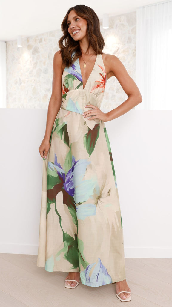 Saffron Maxi Dress - Beige Floral - Billy J