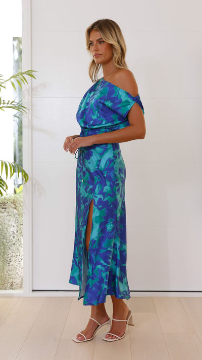 Load image into Gallery viewer, Zabby Maxi Dress - Green / Blue Print - Billy J
