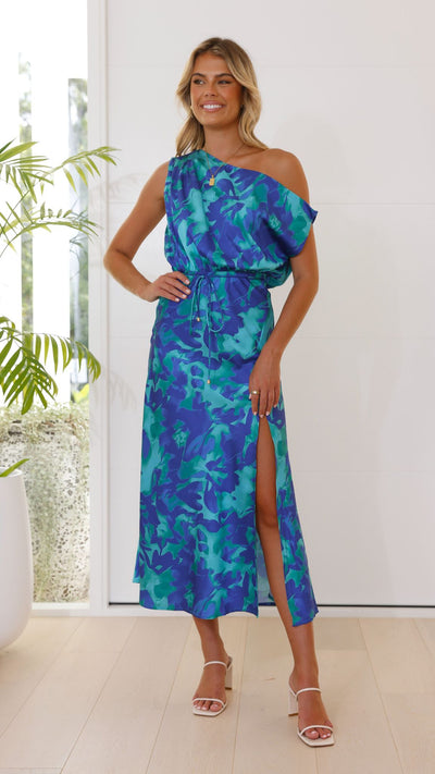 Load image into Gallery viewer, Zabby Maxi Dress - Green / Blue Print - Billy J
