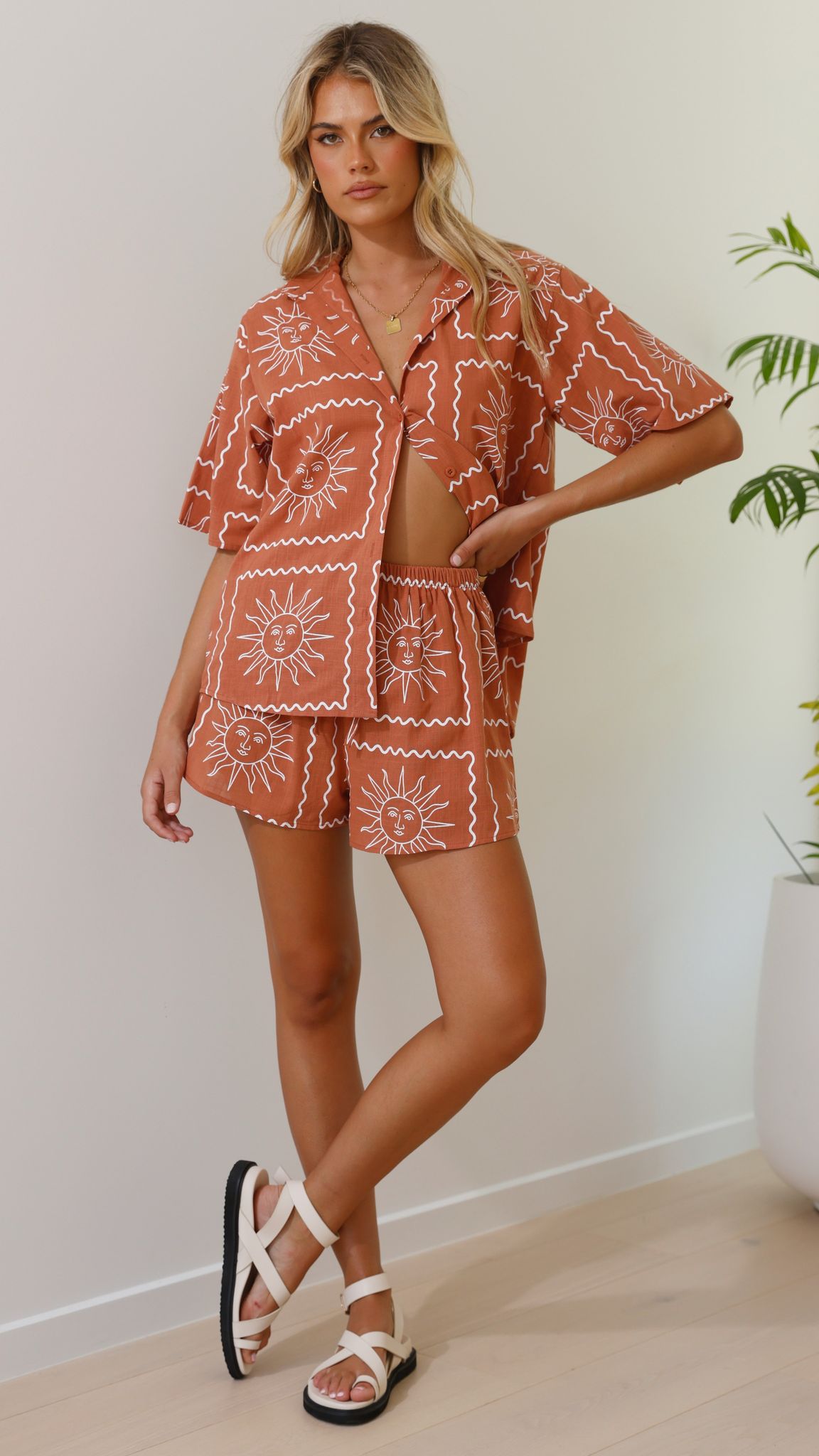 Charli Button Up Shirt and Shorts Set - Rust Sun - Billy J