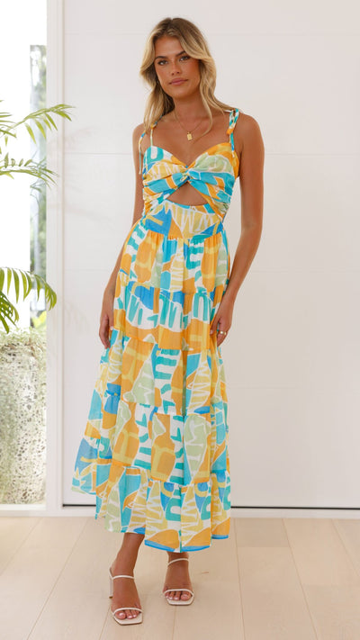 Load image into Gallery viewer, Yaritza Maxi Dress - Blue / Orange Print - Billy J
