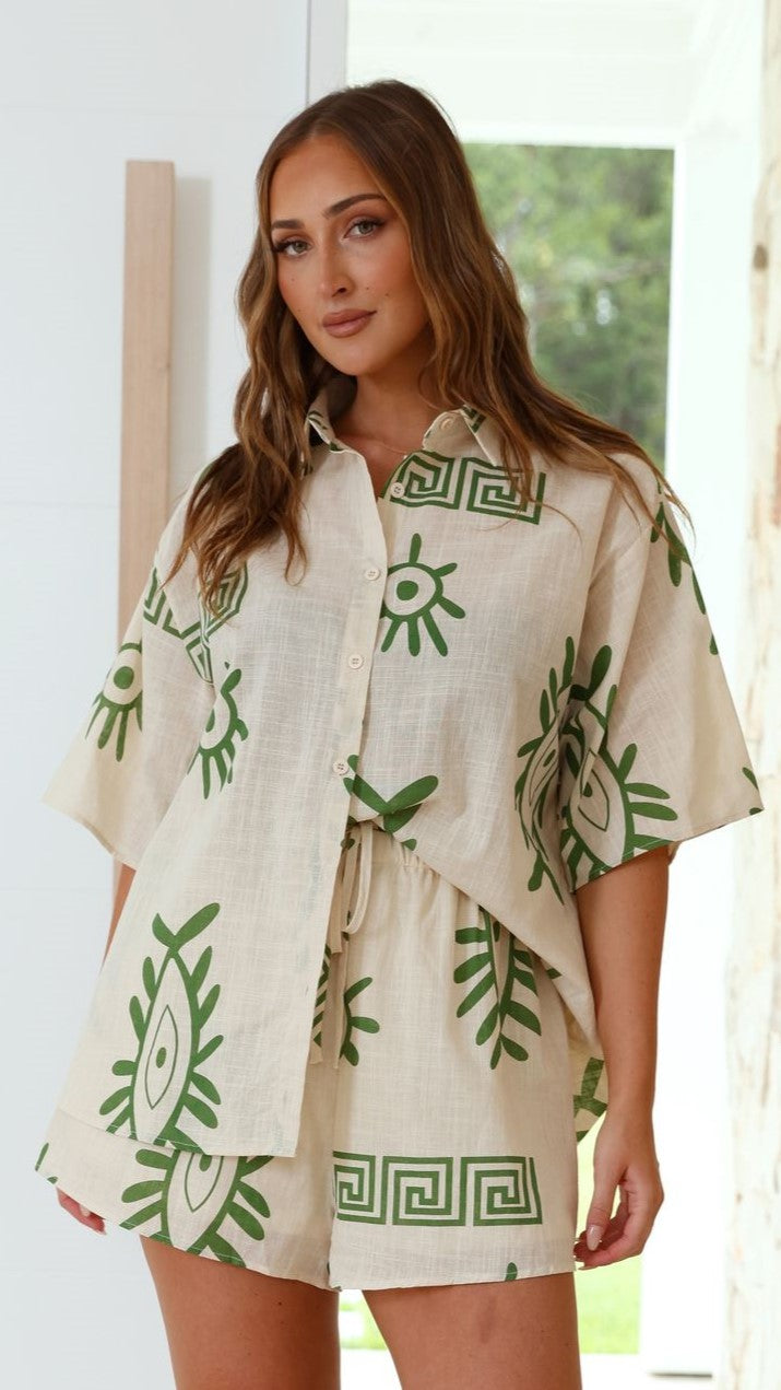 Charli Button Up Shirt and Shorts Set - Beige/Green Aztec - Billy J