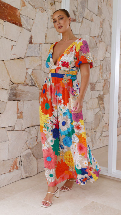 Load image into Gallery viewer, Baker Maxi Dress - Orange/Blue/Pink Floral - Billy J
