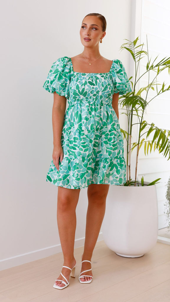 Teagan Mini Dress - Green Floral - Billy J