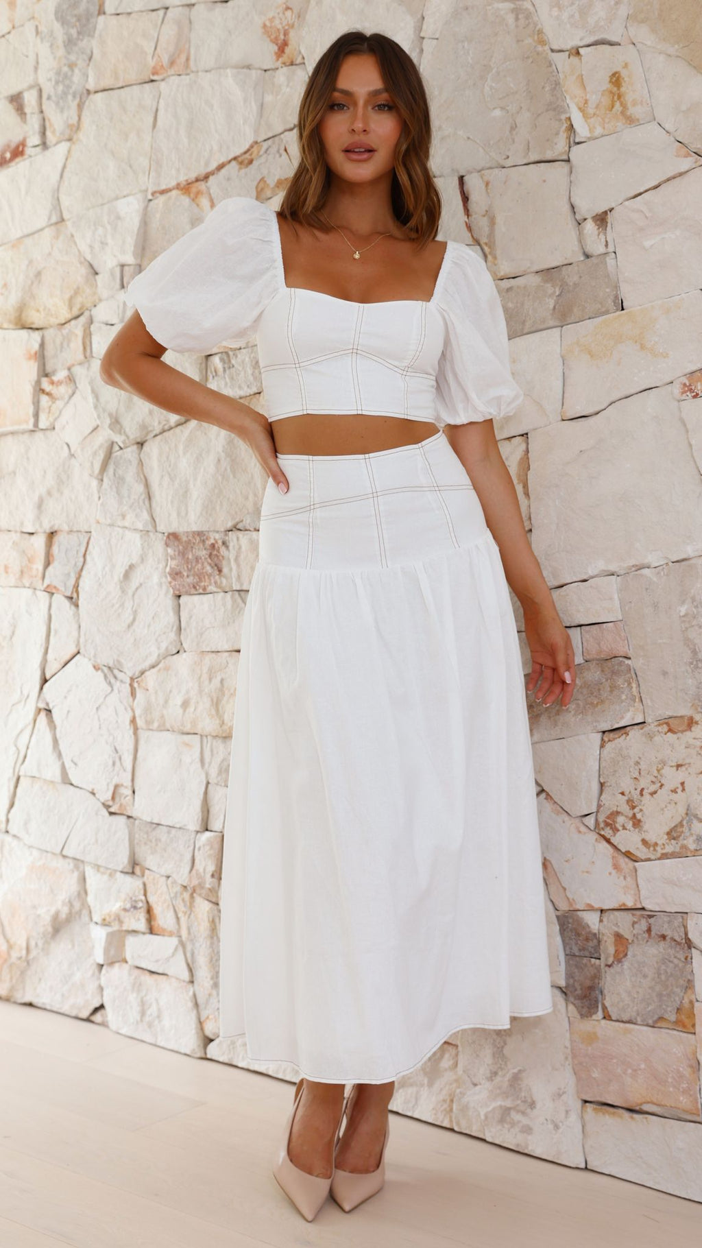 Vivien Top and Maxi Skirt Set - White - Billy J