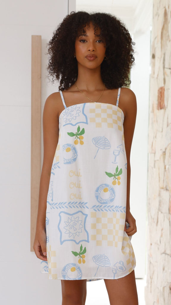 Bethani Mini Dress - Blue / Yellow Holiday Print - Billy J