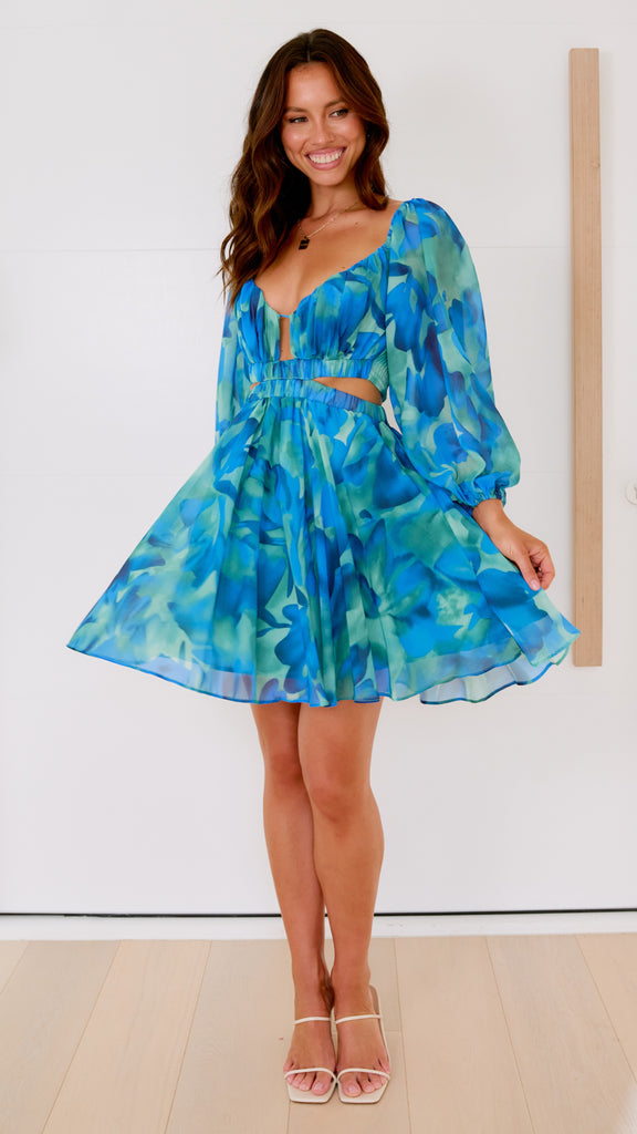 Xarissa Mini Dress - Blue / Green Print - Billy J