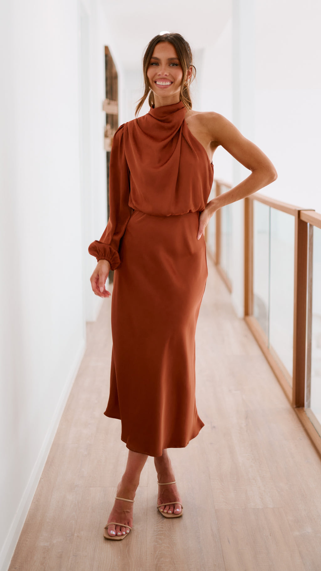 Esther One Shoulder Long Sleeve Dress - Copper - Billy J