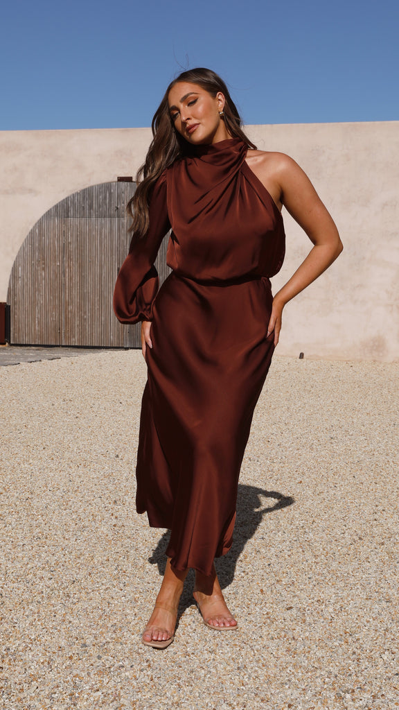 Esther One Shoulder Long Sleeve Dress - Brown - Billy J