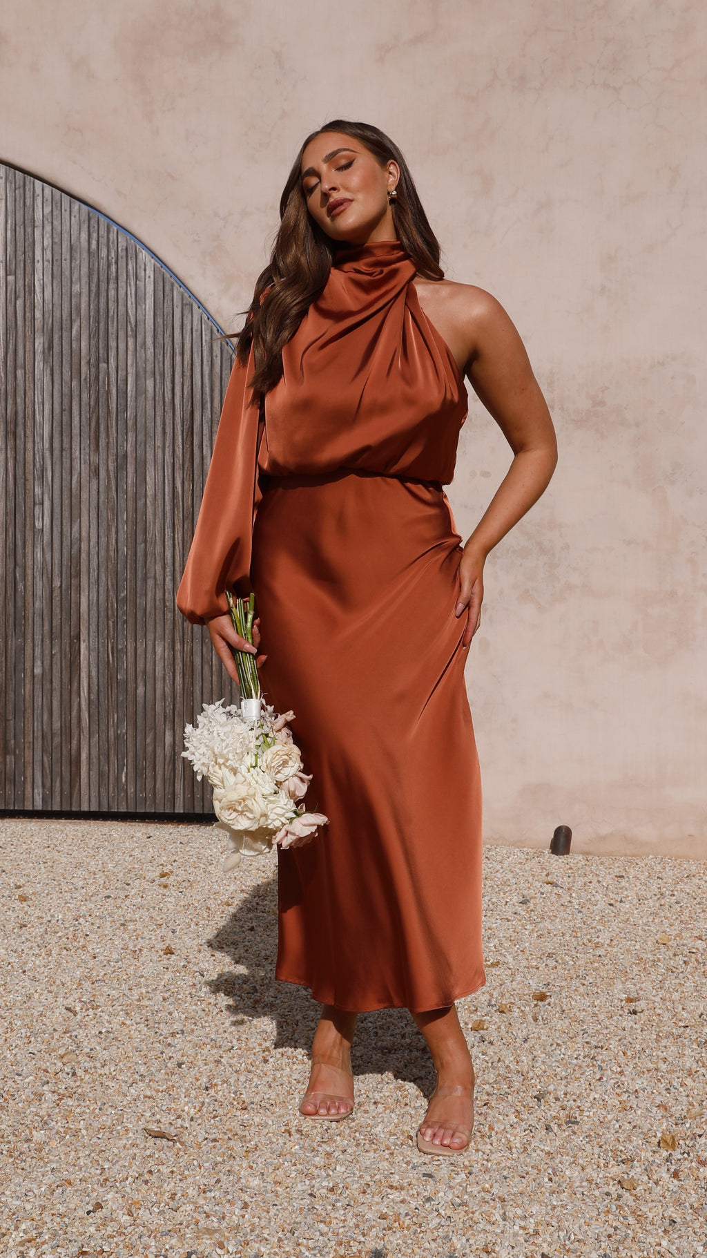 Esther One Shoulder Long Sleeve Dress - Copper - Billy J