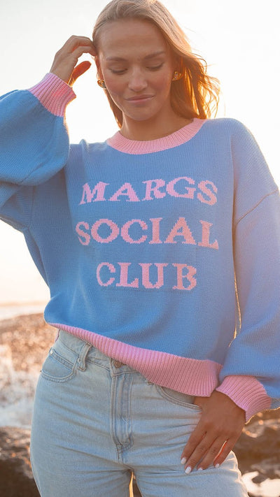 Load image into Gallery viewer, Margs Social Club Sweater - Blue / Pink - Billy J
