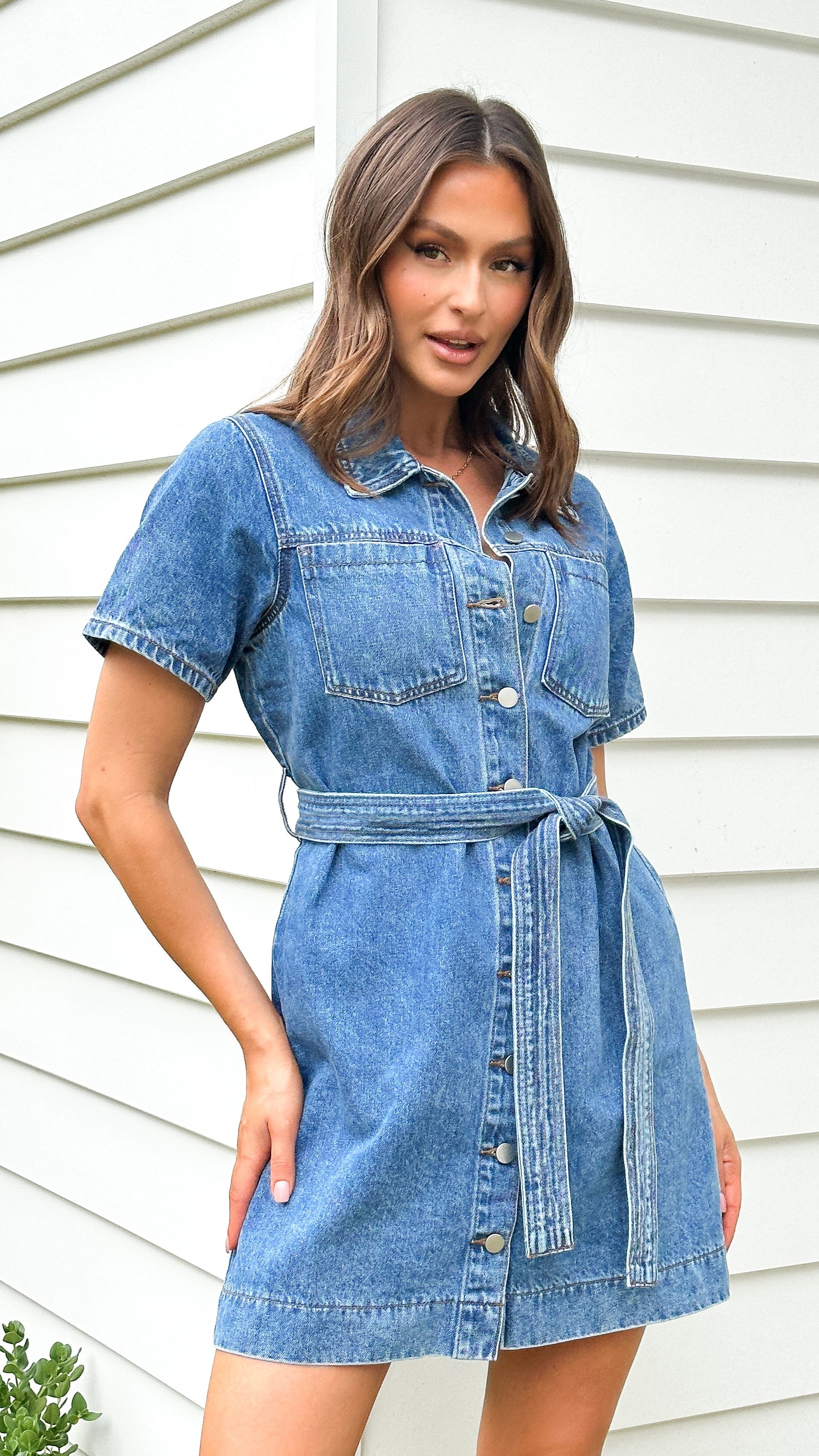 Achaia Denim Button Up Mini Dress - Dark Blue - Billy J