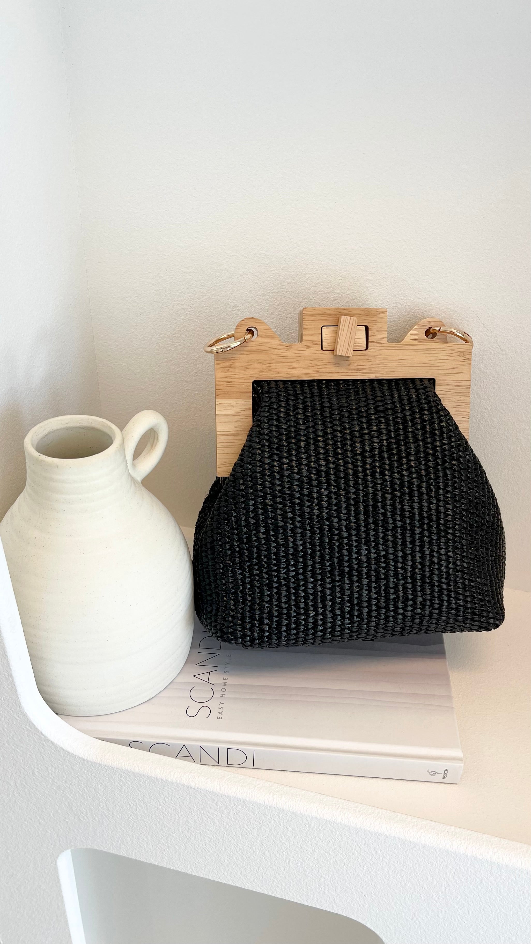 Abby Timber Frame Woven Mini Bag - Black - Billy J