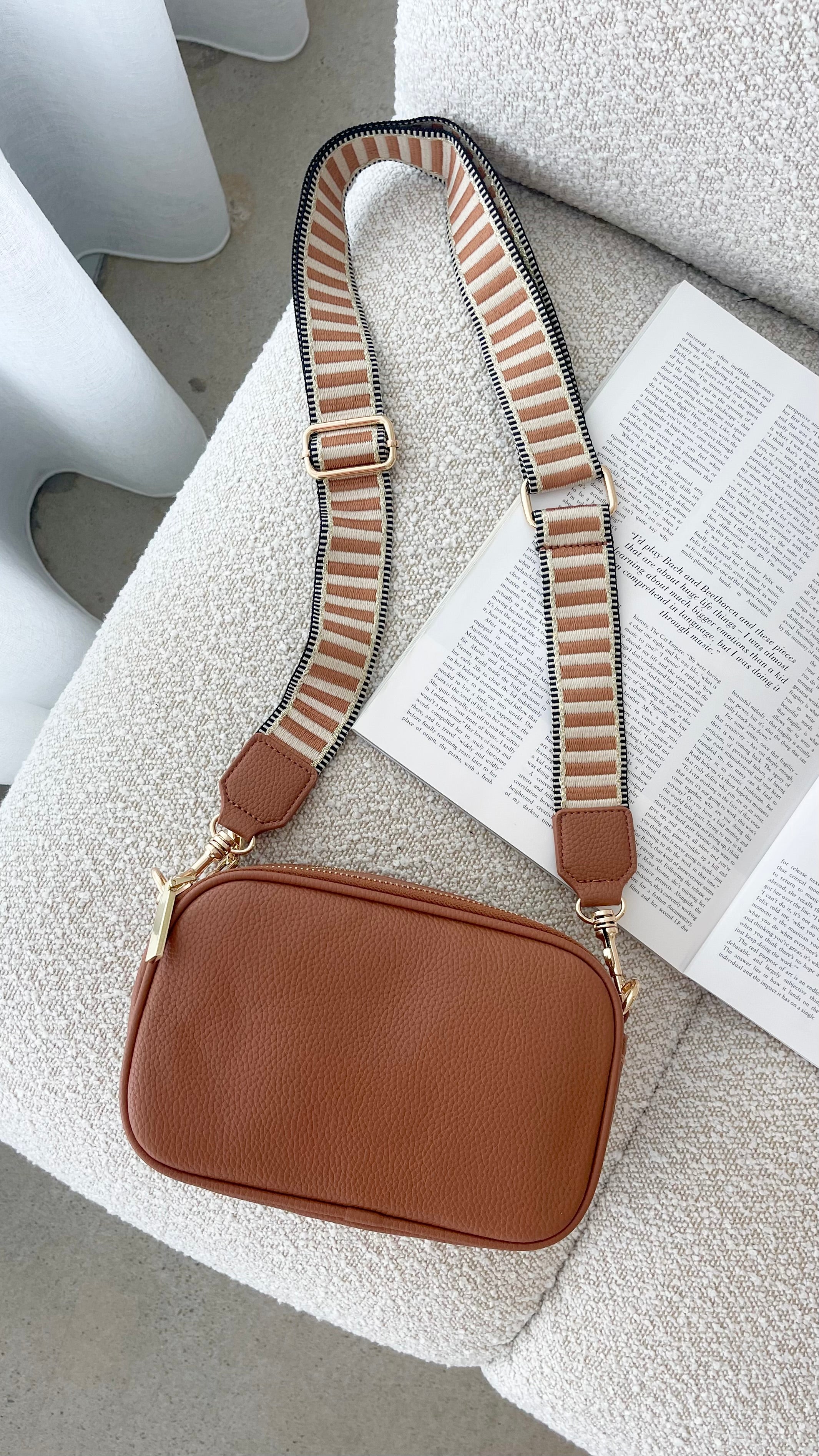 Bella Striped Webbing Camera Bag - Tan - Billy J