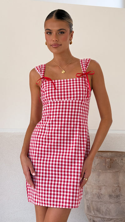 Load image into Gallery viewer, Elise Ribbon Mini Dress - Red Gingham - Billy J
