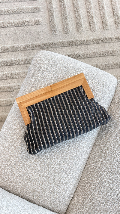 Load image into Gallery viewer, Zoey Thin Stripe Timber Frame Clutch - Black - Billy J
