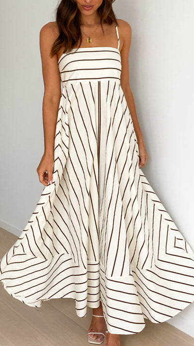 Load image into Gallery viewer, Kaethe Maxi Dress - Beige / Camel Stripe - Billy J
